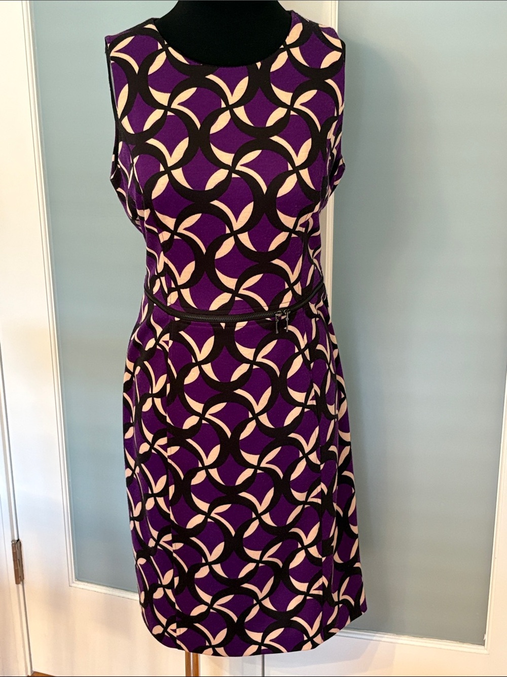 Jones Wear Purple, Cream & Black Geometric Sheath Dress